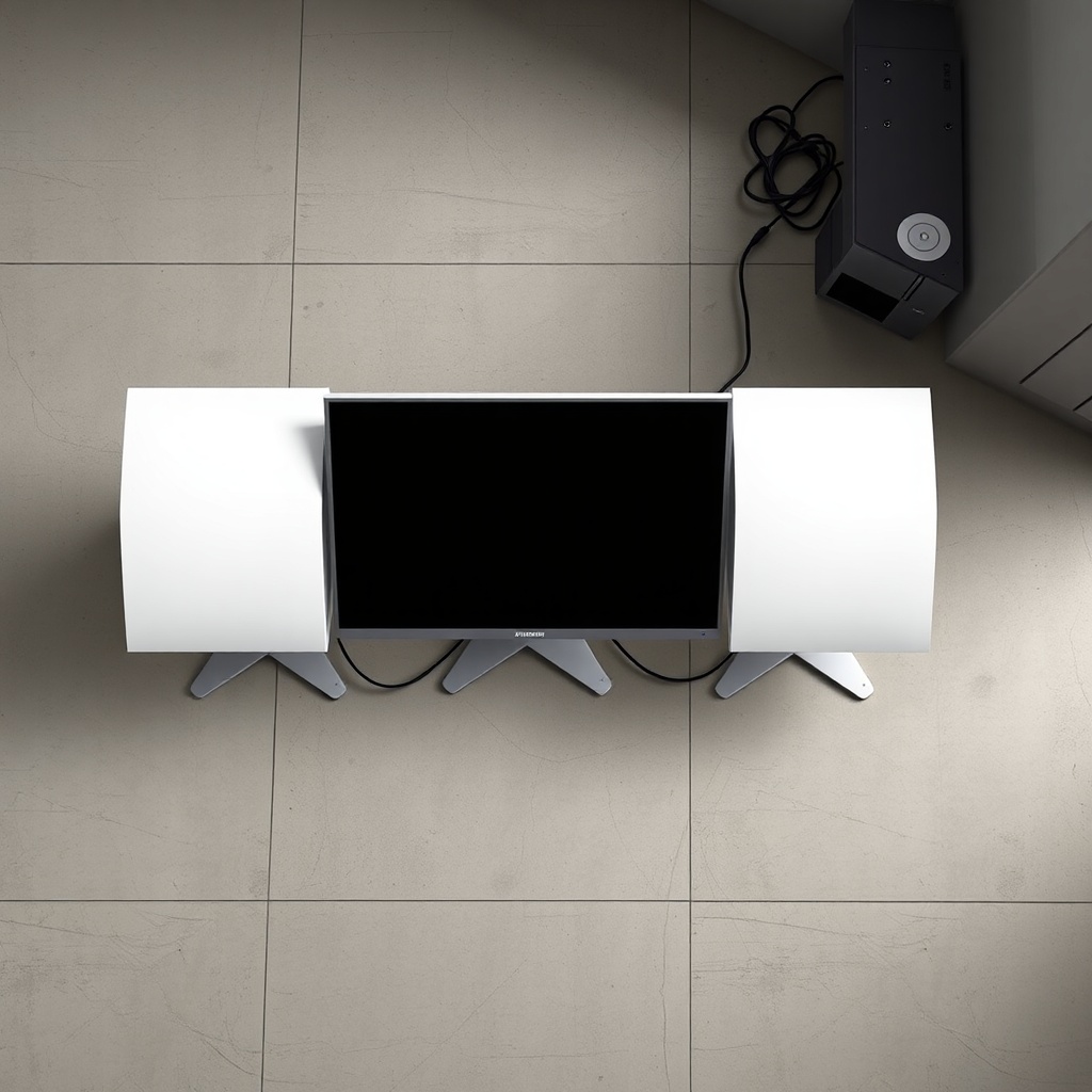 A photorealistic overhead shot of three white Airthings Corentium Home monitors arranged i
