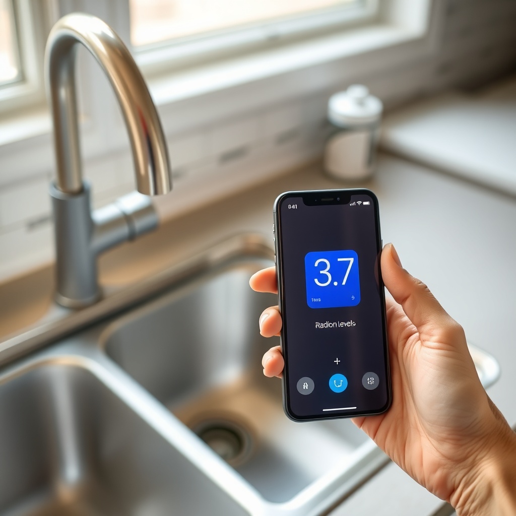 A photorealistic image of a homeowner holding a grey Airthings Corentium Home monitor near