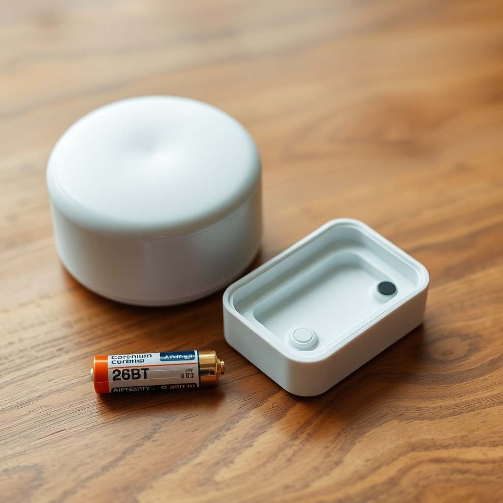 A clean photorealistic photo of an Airthings Corentium Home device with two AA batteries p
