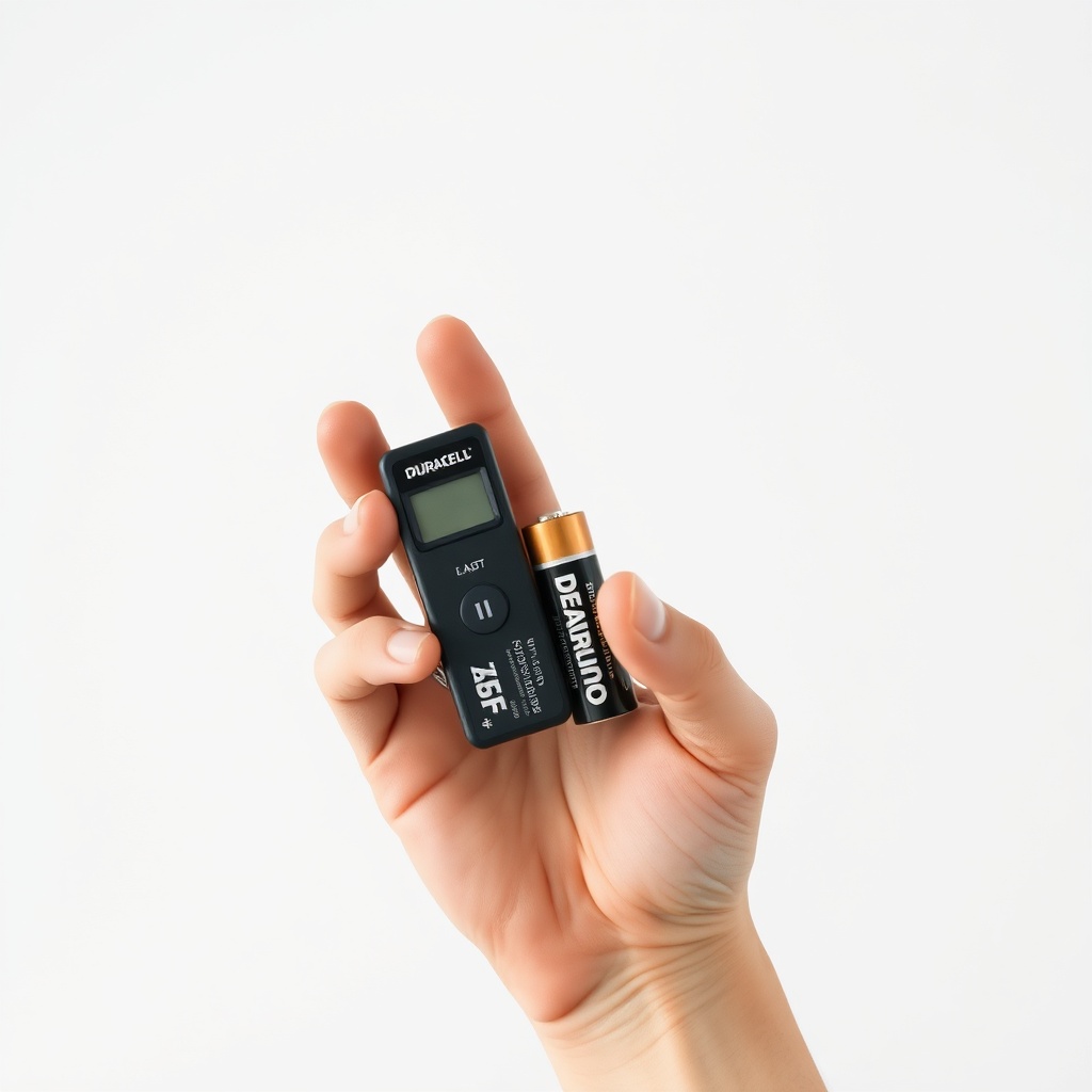 A clean photorealistic photo of a hand holding two Duracell AA batteries