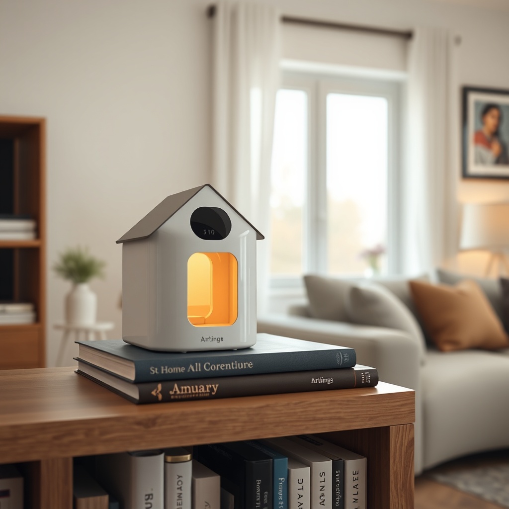 A photorealistic photo of the Airthings Corentium Home sitting on a wooden bookshelf in a