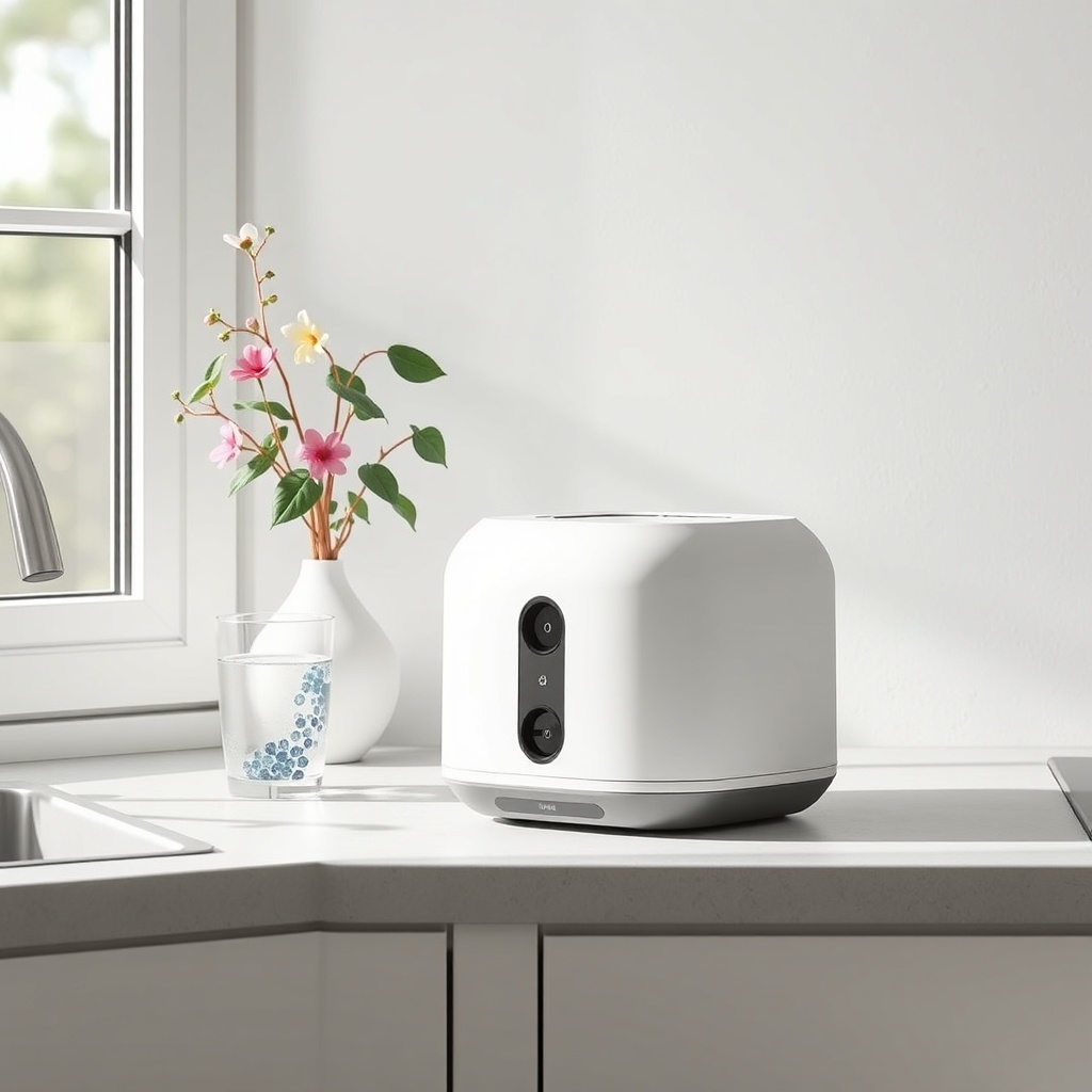 A photorealistic photo of the Airthings Corentium Home placed on a kitchen counter next to