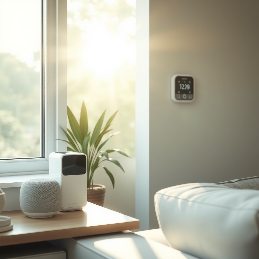 <clean photorealistic photo/illustration for a living room with a white Airthings Corentiu