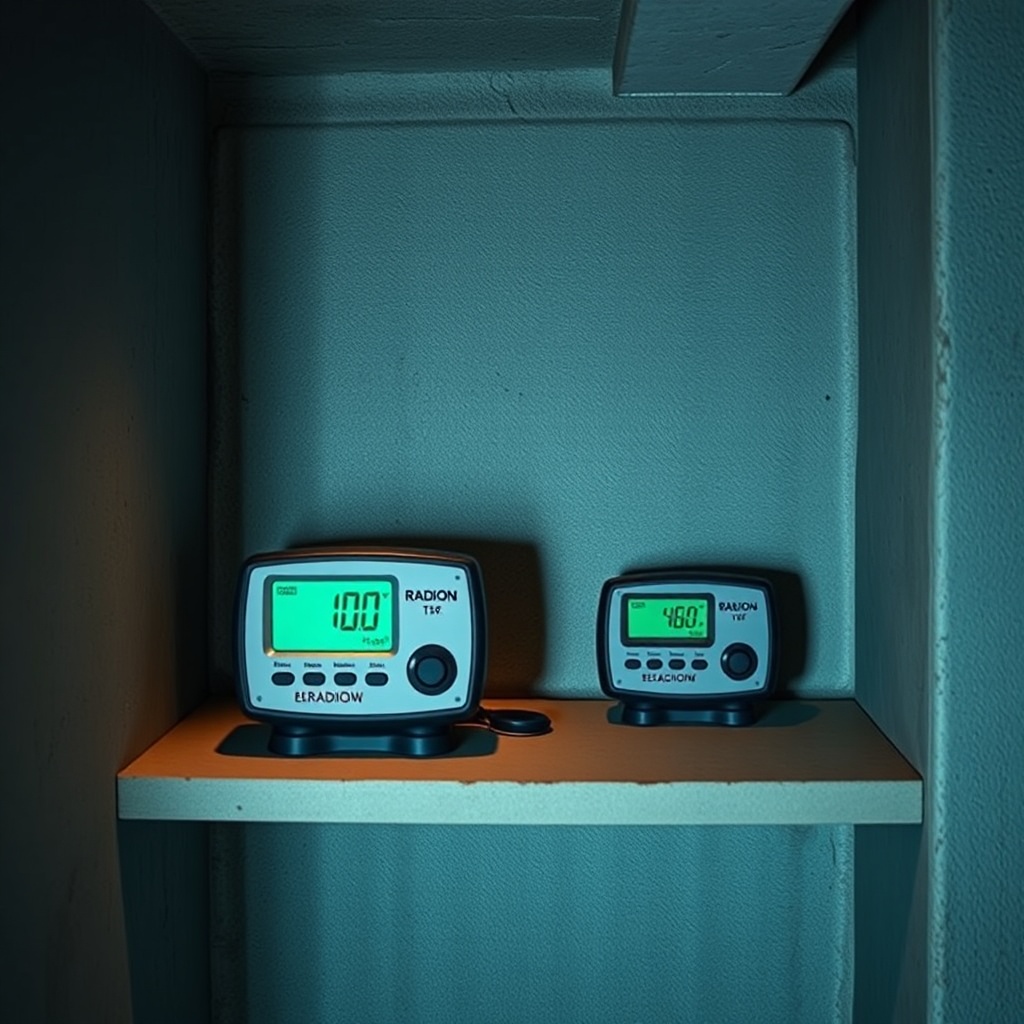 <clean photorealistic photo of a basement corner with both radon monitors placed on a shel