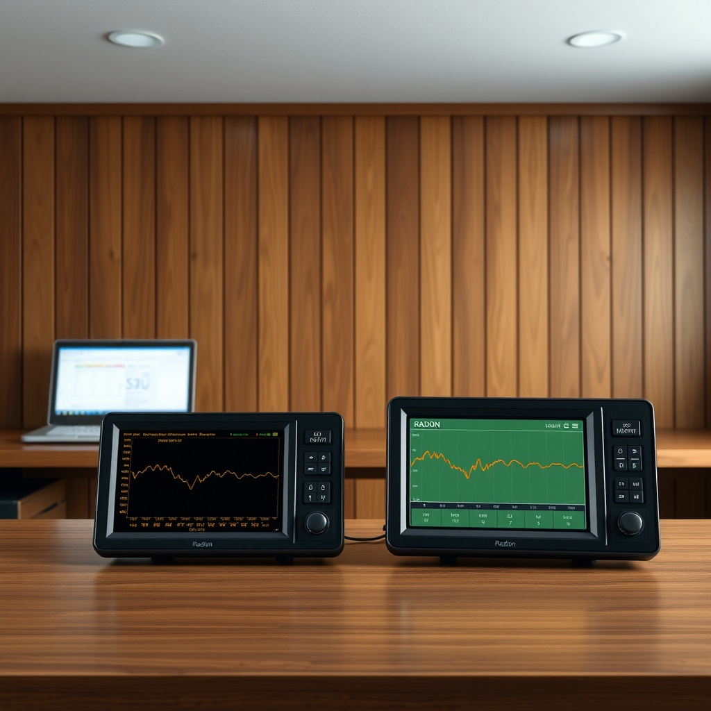 <clean photorealistic photo of a table in a wood-paneled room showing two digital radon mo