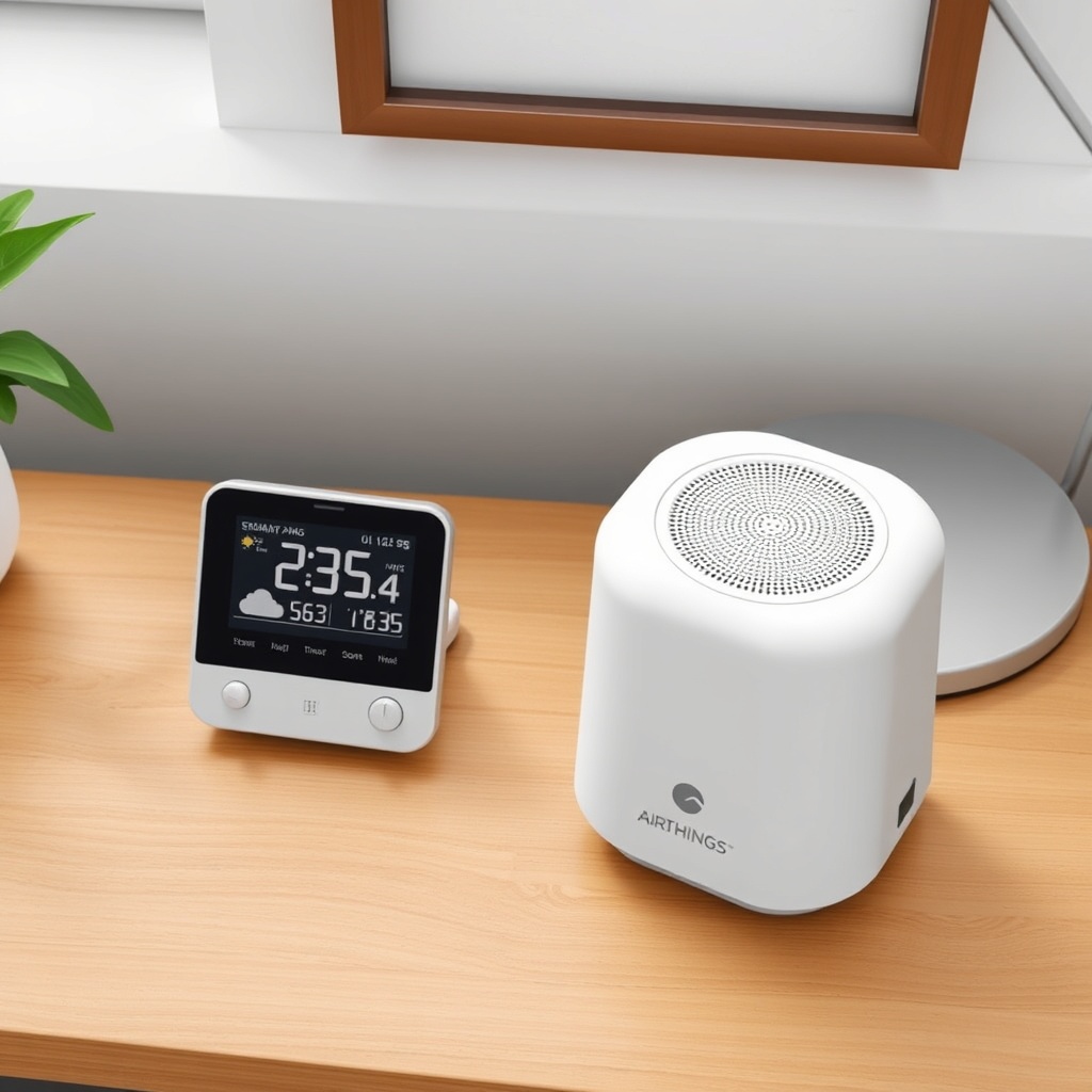 Photorealistic overhead shot of an Airthings Wave Plus device placed on a wooden desk next