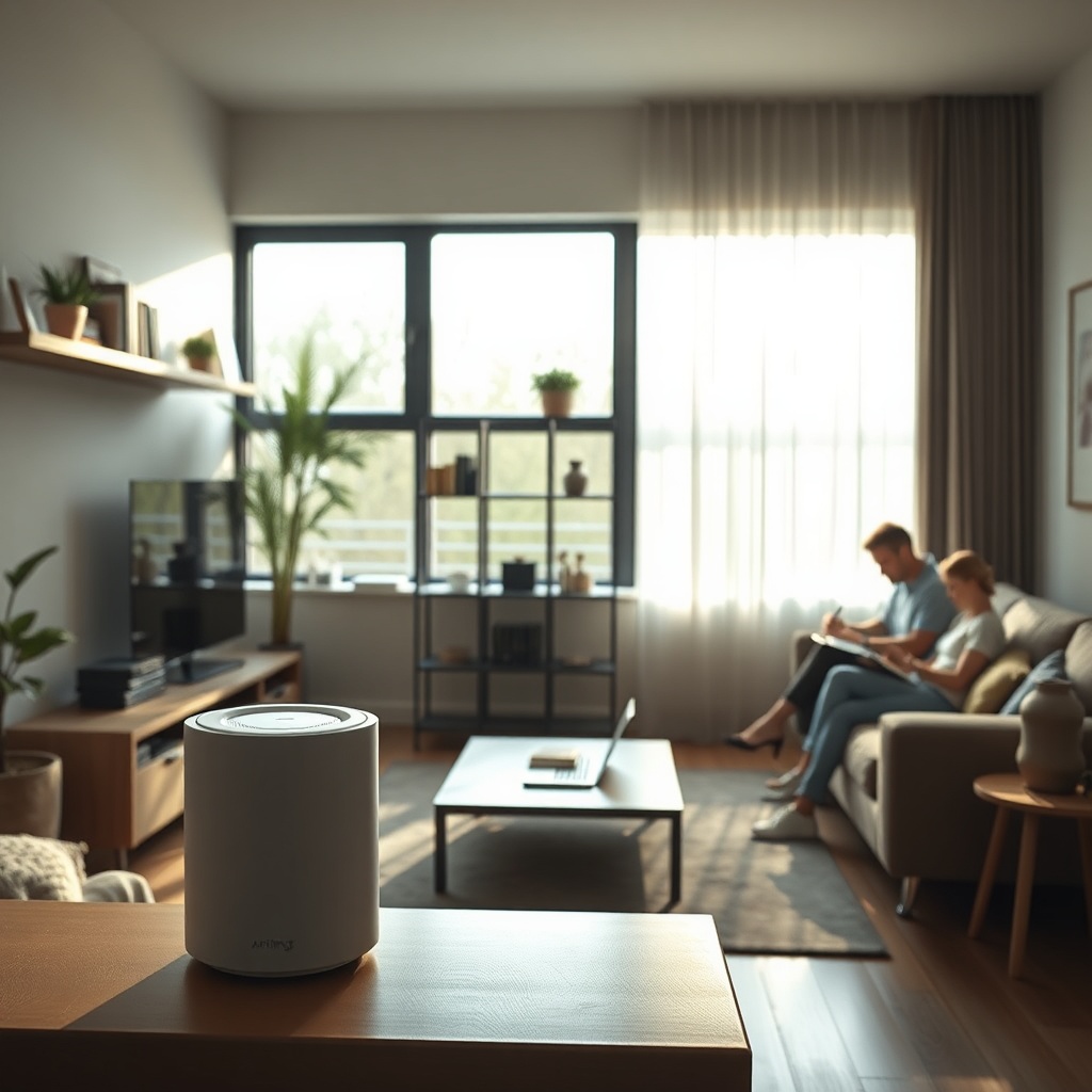 <clean photorealistic photo of a living room with the Airthings Wave Plus on a shelf