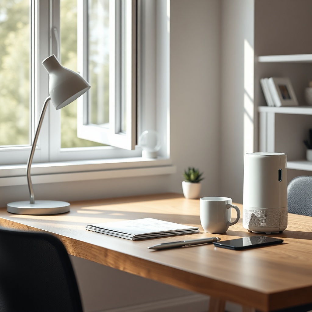 <clean photorealistic photo of a desk in a home office with an Airthings Wave Plus next to