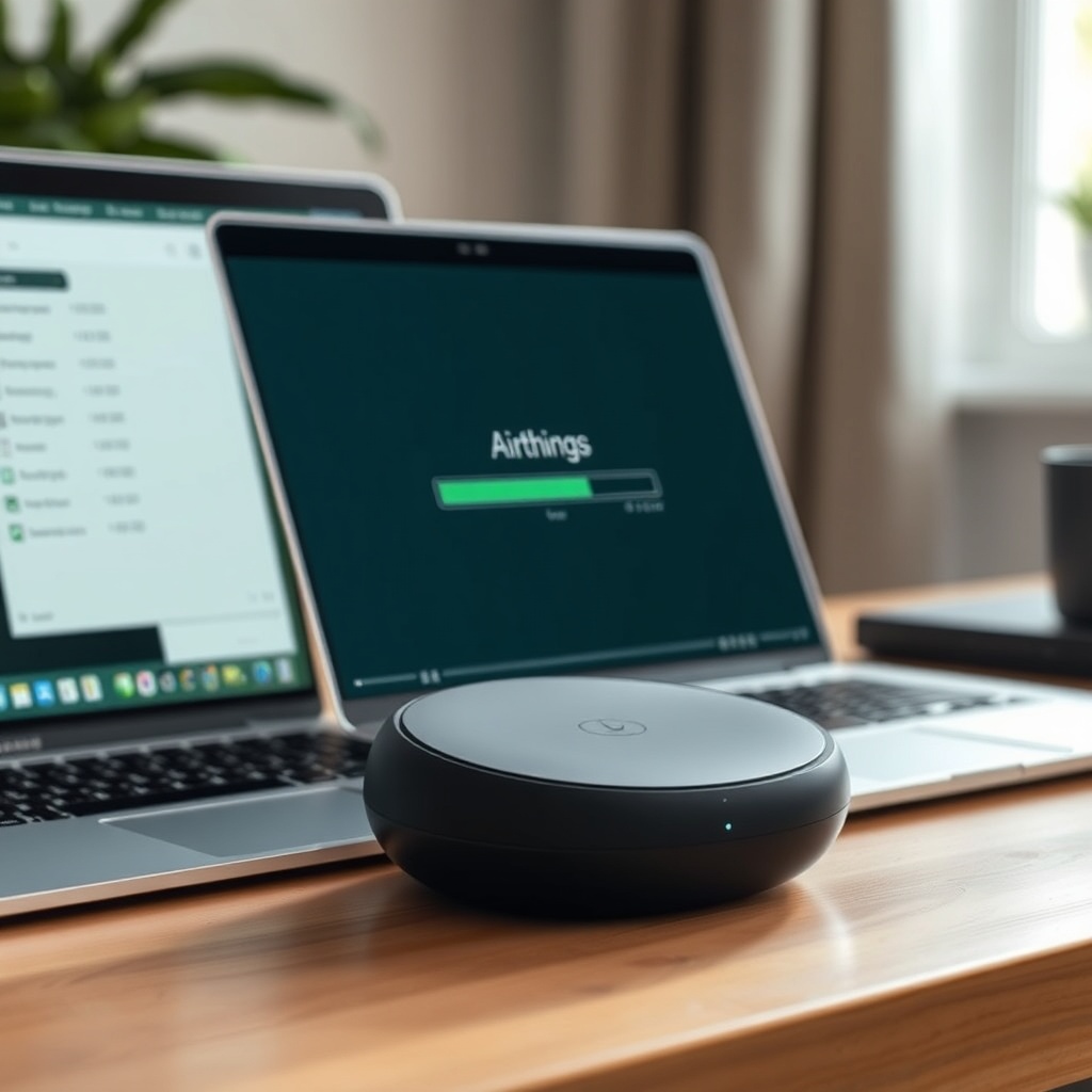 Airthings Wave Plus placed on a wooden desk next to a laptop showing a CSV file download p