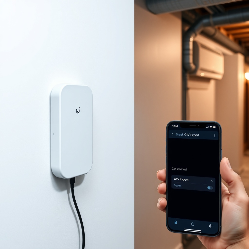 Airthings Wave Plus plugged into a wall in a modern basement
