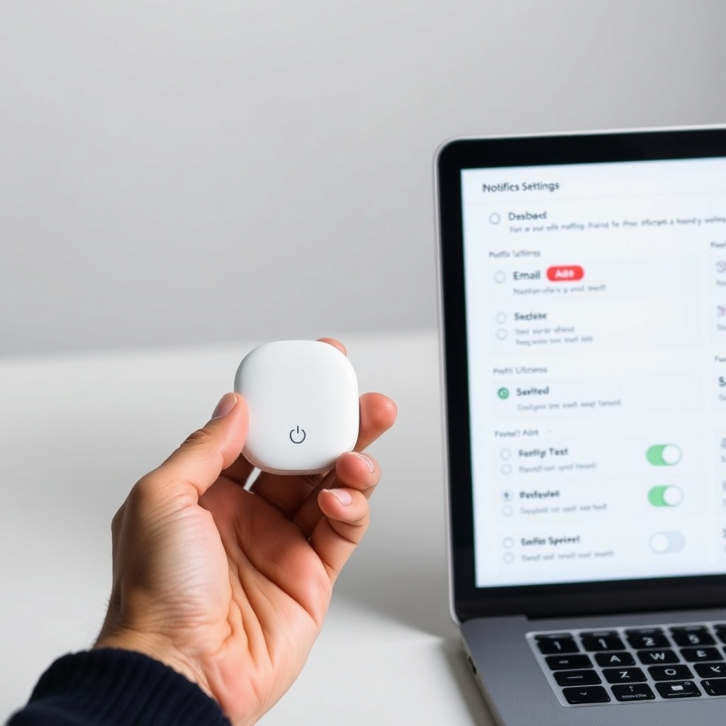 A clean photorealistic photo of a hand holding an Airthings Wave Plus next to a laptop scr