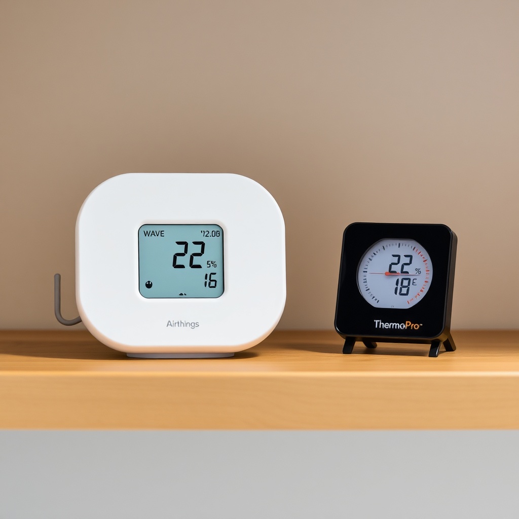 <photograph of Airthings Wave Plus next to a small ThermoPro hygrometer on a wooden shelf