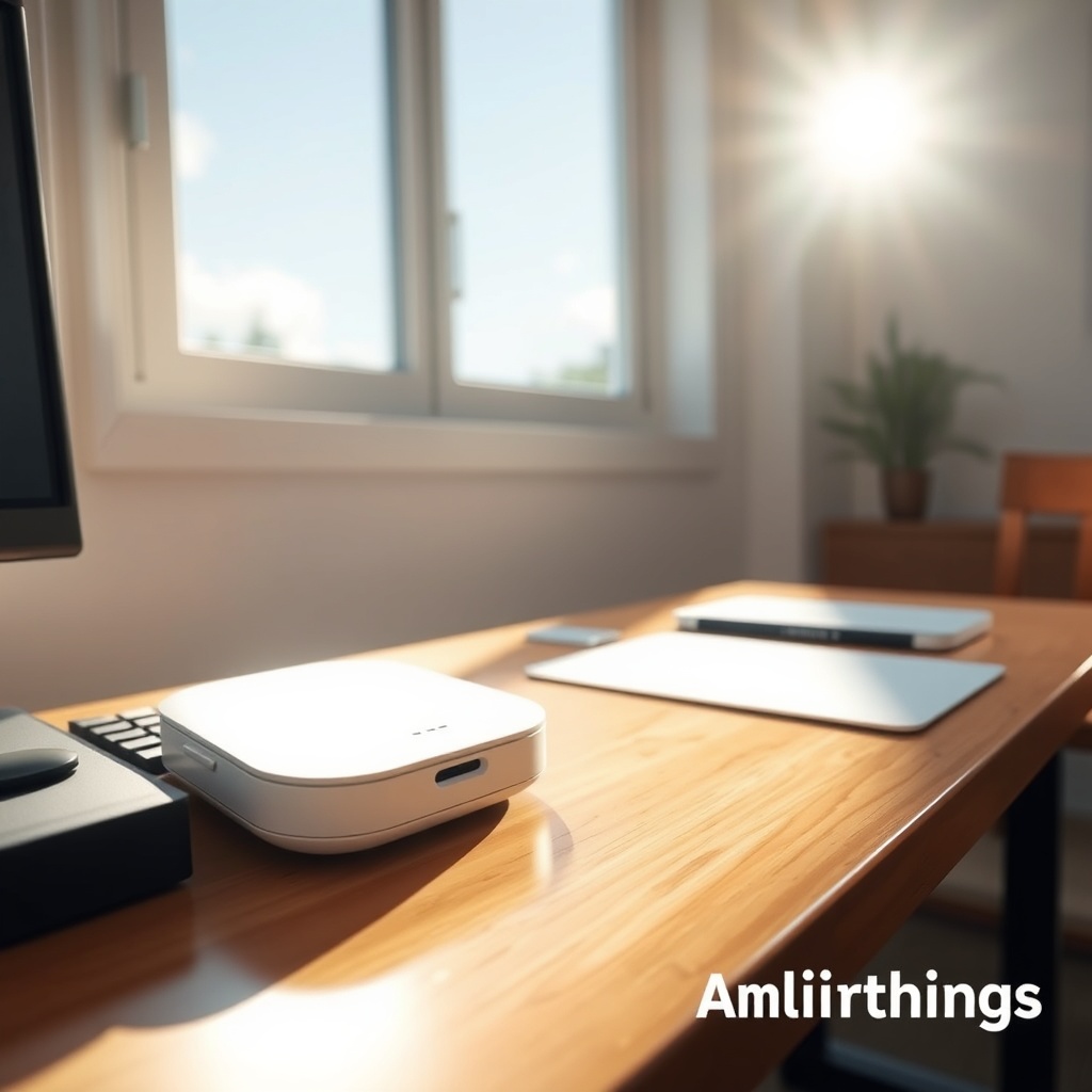 Photorealistic wide-angle shot of Airthings Wave Plus sitting on a wooden desk near a sunl