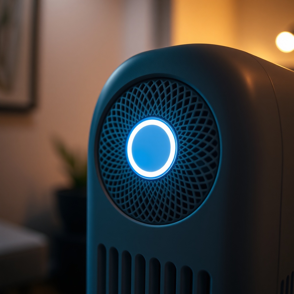 Close-up photorealistic macro shot of Airthings Wave Plus sensor grille and LED ring in a