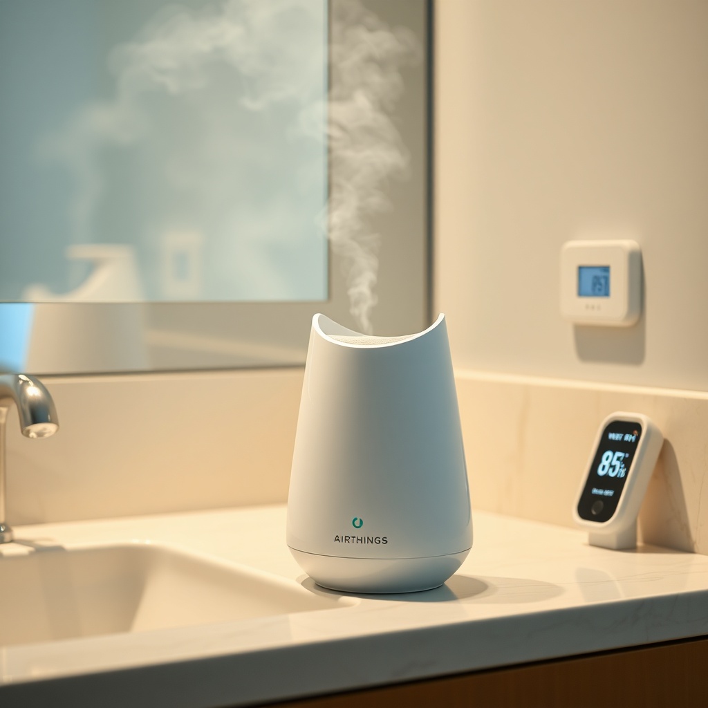 Airthings Wave Plus placed on a bathroom counter