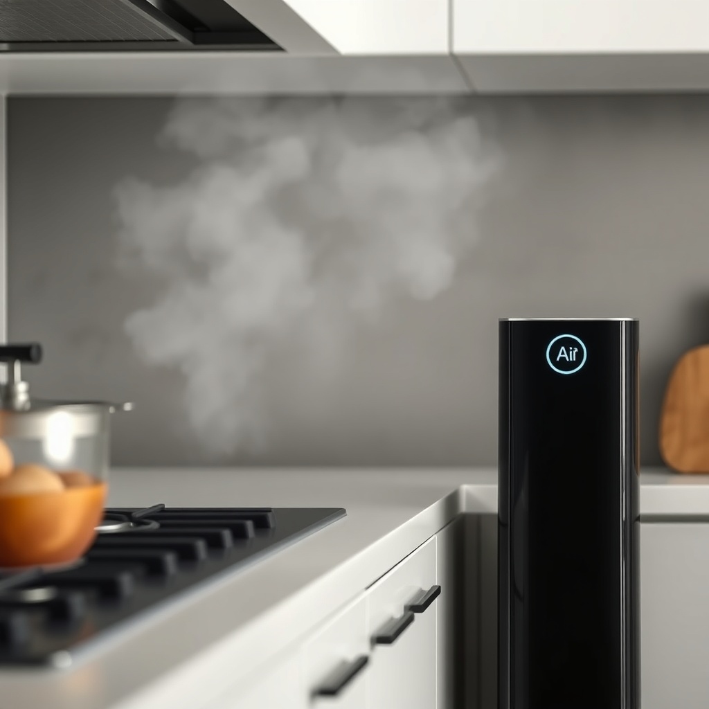 Airthings Wave Plus next to a kitchen stove with steam rising