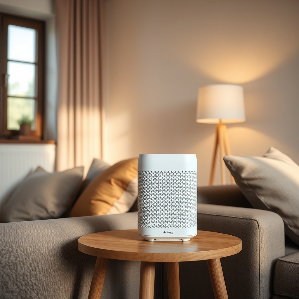 A clean photorealistic photo of an Airthings Wave Plus on a wooden side table in a moderat