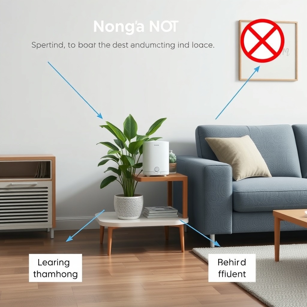 A photorealistic illustration of a living room with an Airthings Wave Plus on a side table