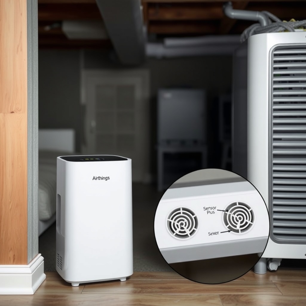 <Airthings Wave Plus next to a humidifier in a basement