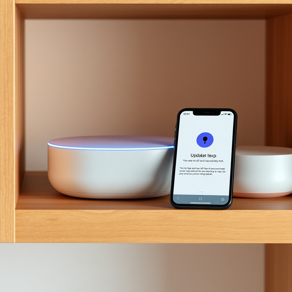 Photorealistic close-up of Airthings Wave Plus on a wooden shelf