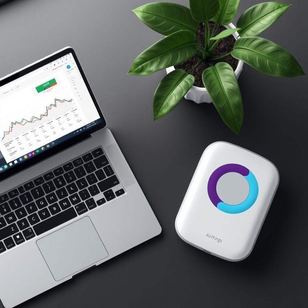 Photorealistic overhead view of Airthings Wave Plus next to a laptop with dashboard graph