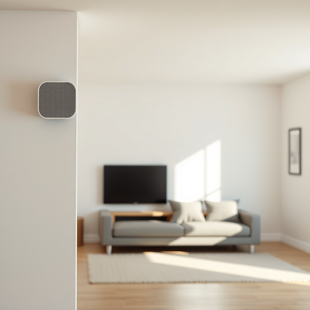 A clean photorealistic photo of a living room with an Airthings Wave Plus mounted on a wal