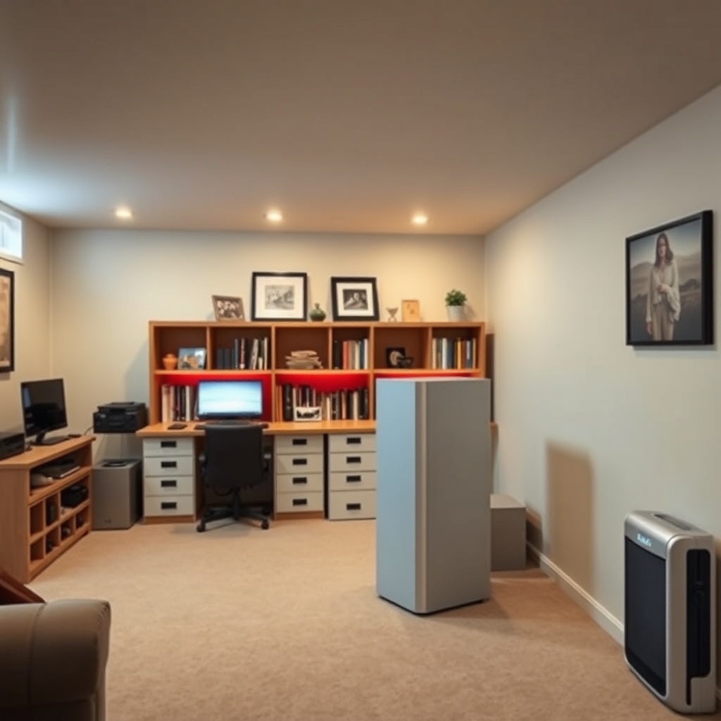 A photorealistic photo of a finished basement with a home office