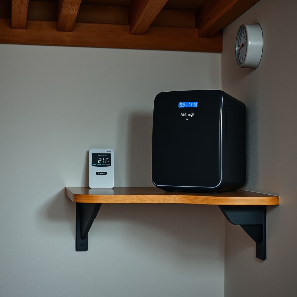 <clean photorealistic photo of an Airthings Wave Plus on a basement shelf