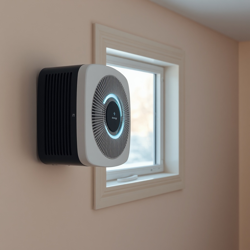 A photorealistic photograph of an Airthings Wave Plus mounted on a painted basement wall