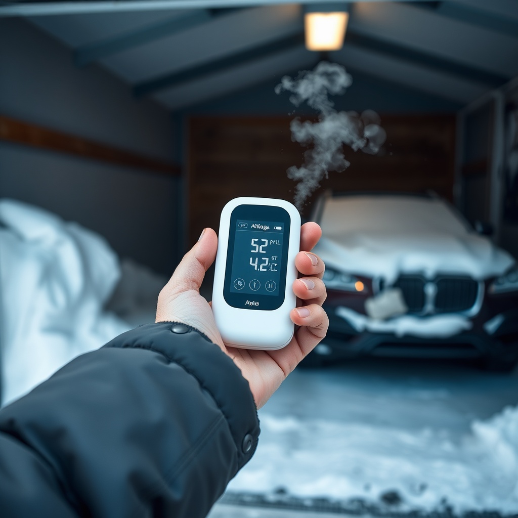A photorealistic photograph of a hand holding the Airthings Wave Plus in a frosty garage