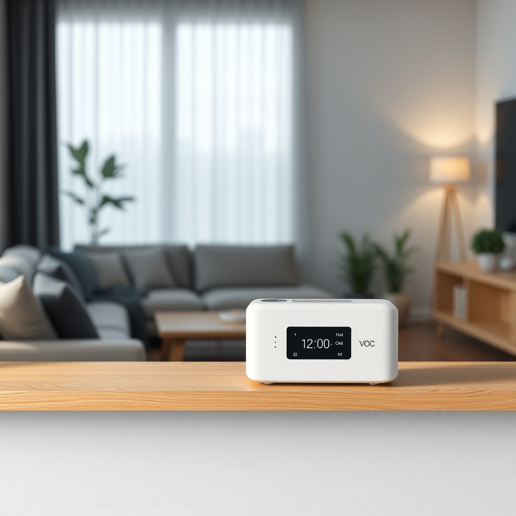 <clean photorealistic photo/illustration of Airthings Wave Plus on a wooden shelf in a mod