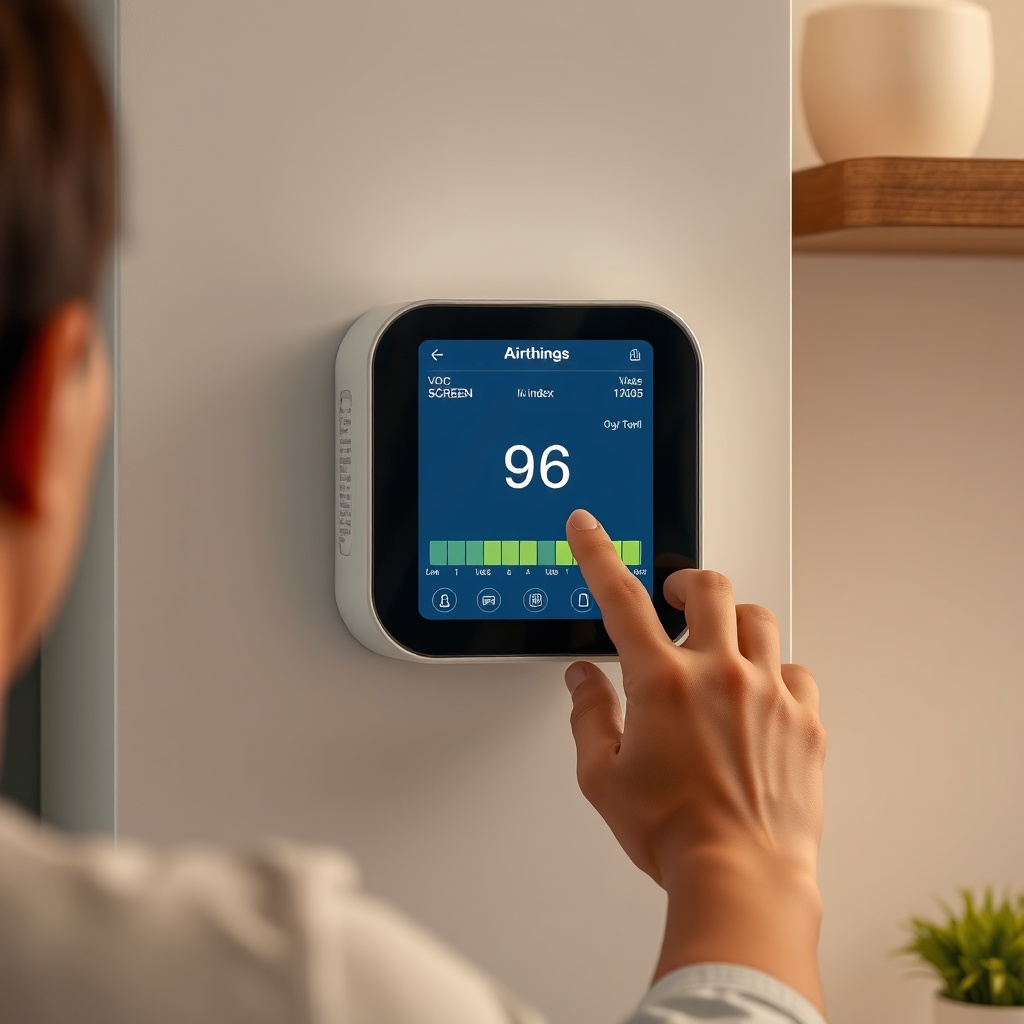 <clean photorealistic photo/illustration of a person tapping an Airthings Wave Plus stuck