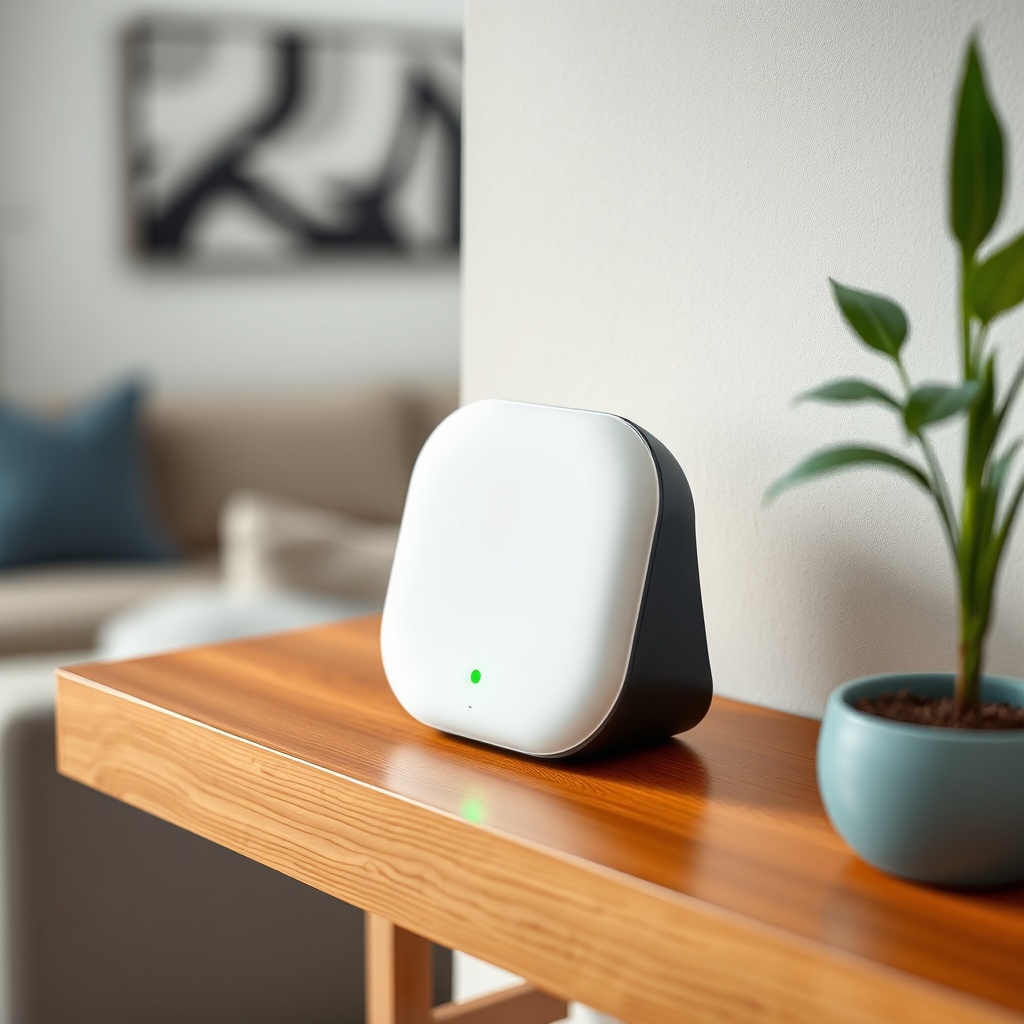<A clean photorealistic photo of an Airthings Wave Plus on a wooden shelf