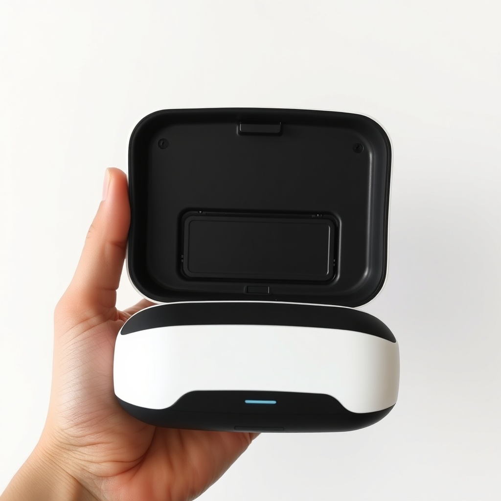 <A clean photorealistic photo of a person’s hand holding an Airthings Wave Plus