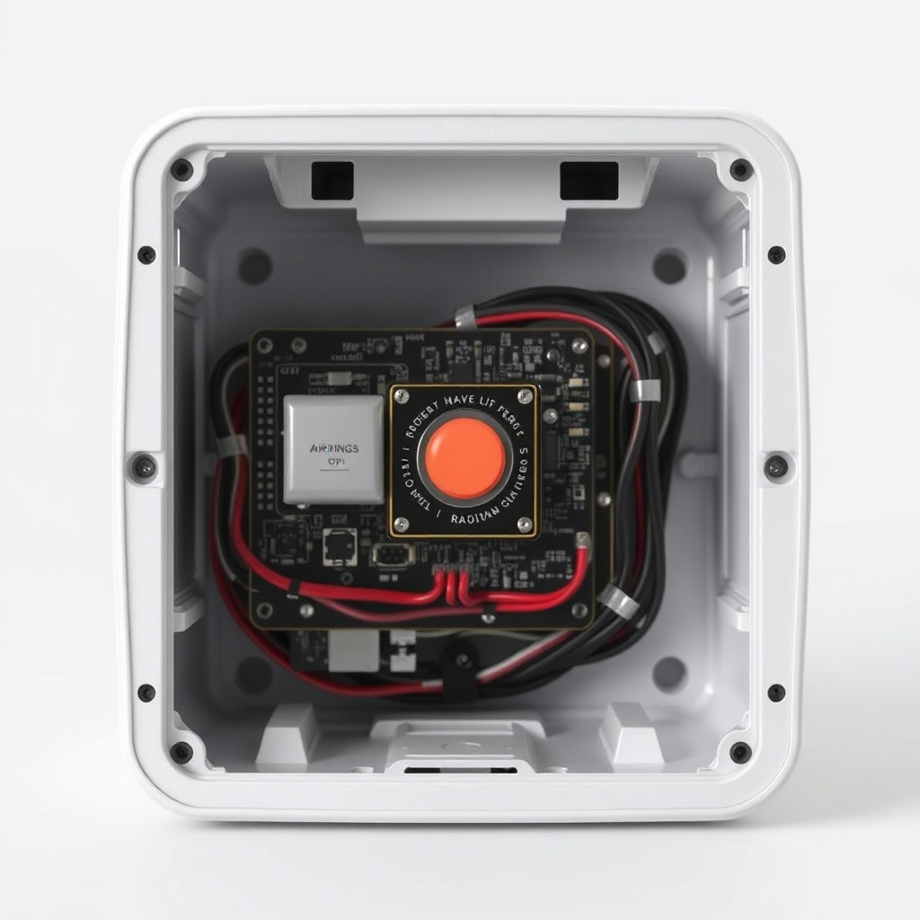 <clean photorealistic photo/illustration showing internal view of Airthings Wave Plus casi