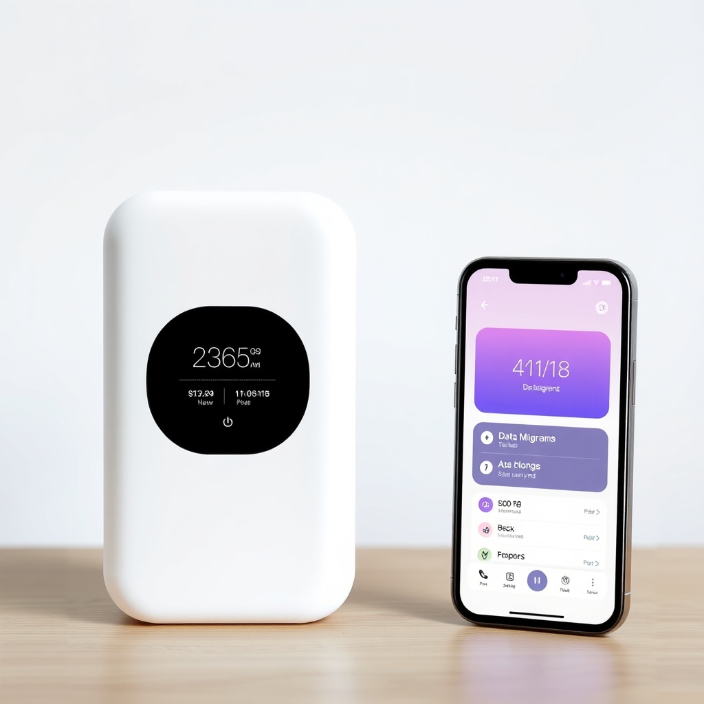<clean photorealistic photo/illustration showing old Airthings Wave Plus next to new box