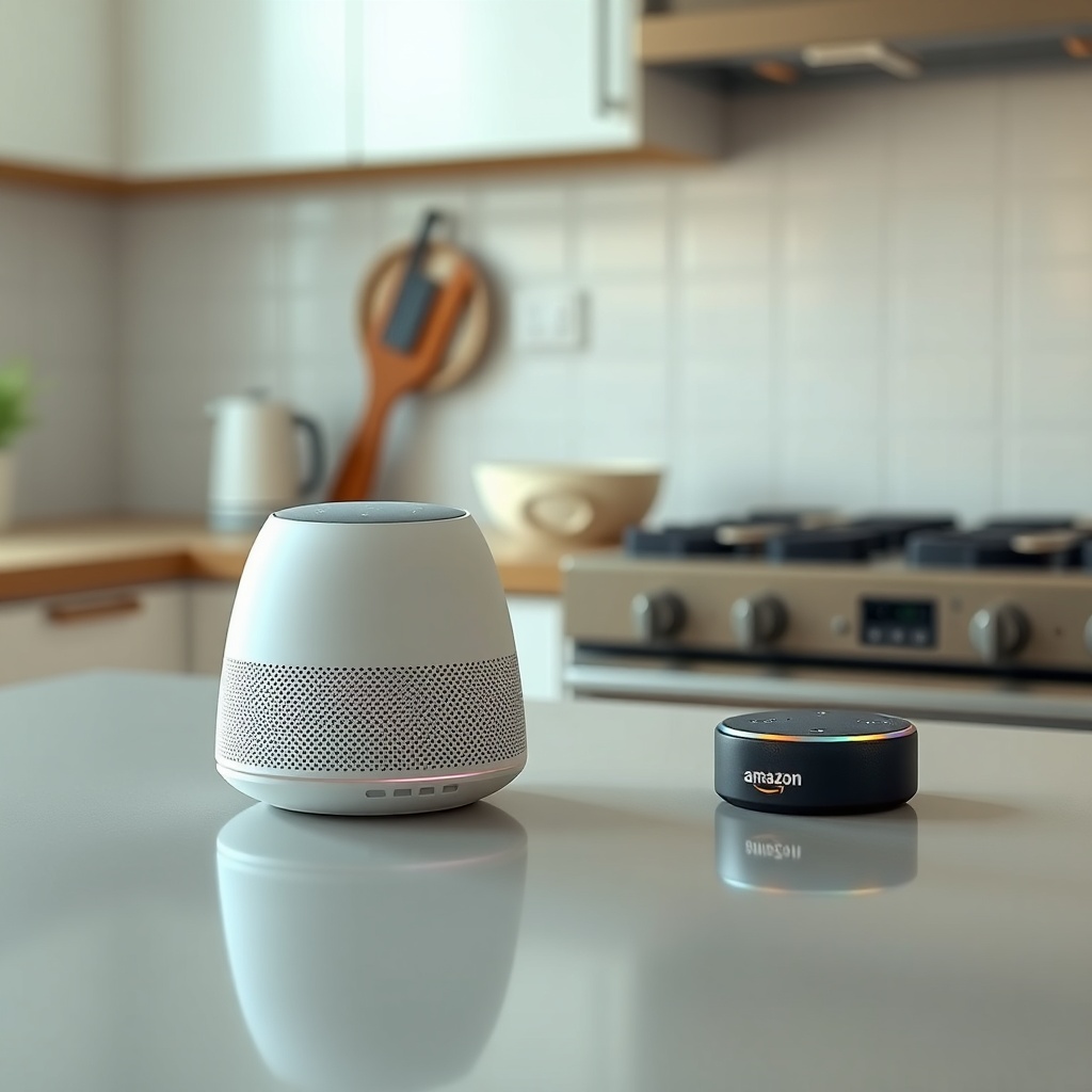 A clean photorealistic photo of an Airthings Wave Plus device sitting on a kitchen counter