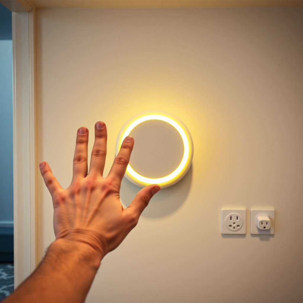 A clean photorealistic photo of a person’s hand waving in front of an Airthings Wave Plus