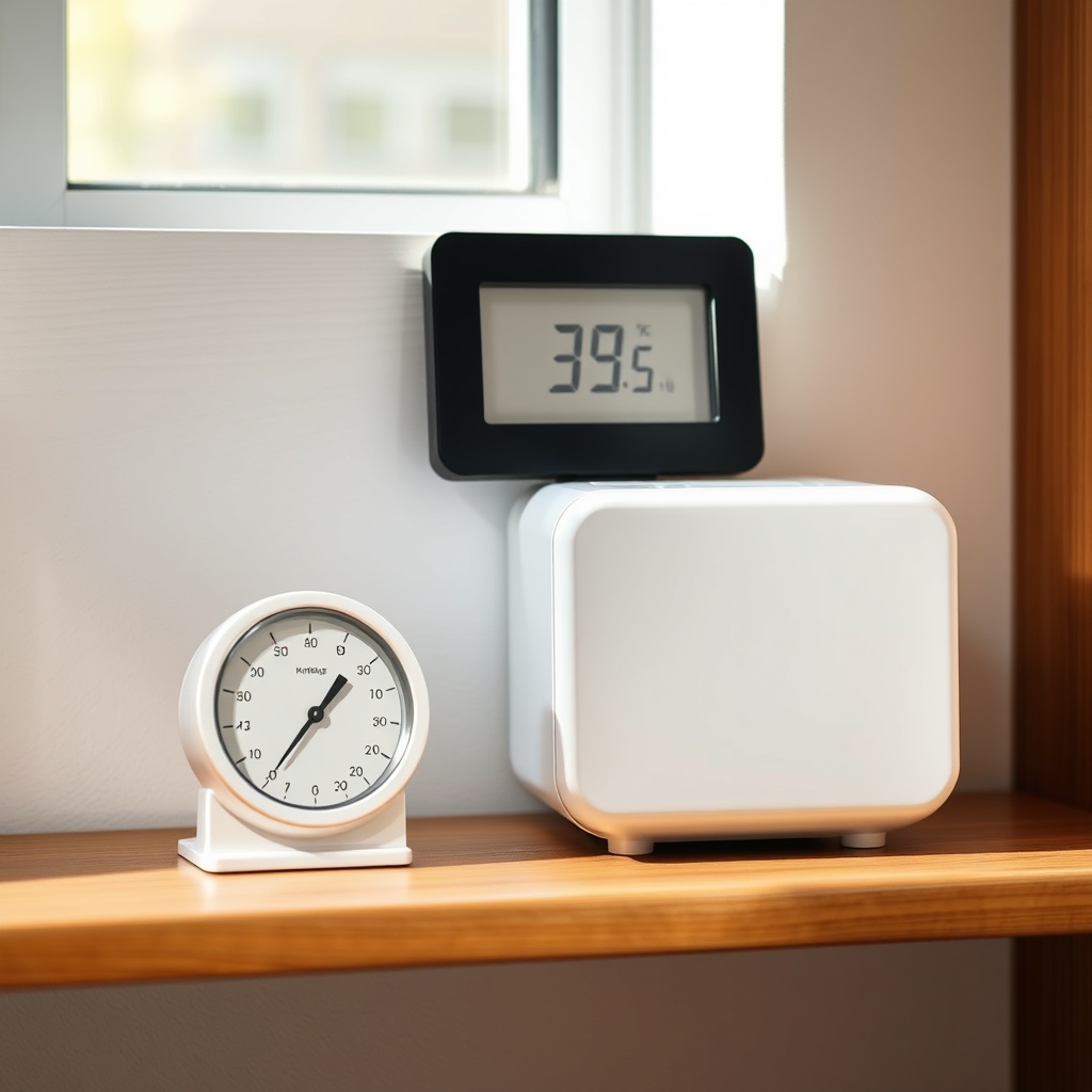 A photorealistic photo of an Airthings Wave Plus unit placed on a wooden shelf next to a p