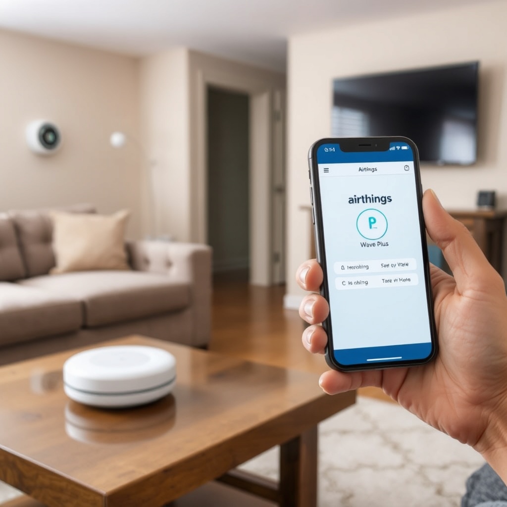 A photorealistic photo showing a person using a smartphone to view the Airthings app in th