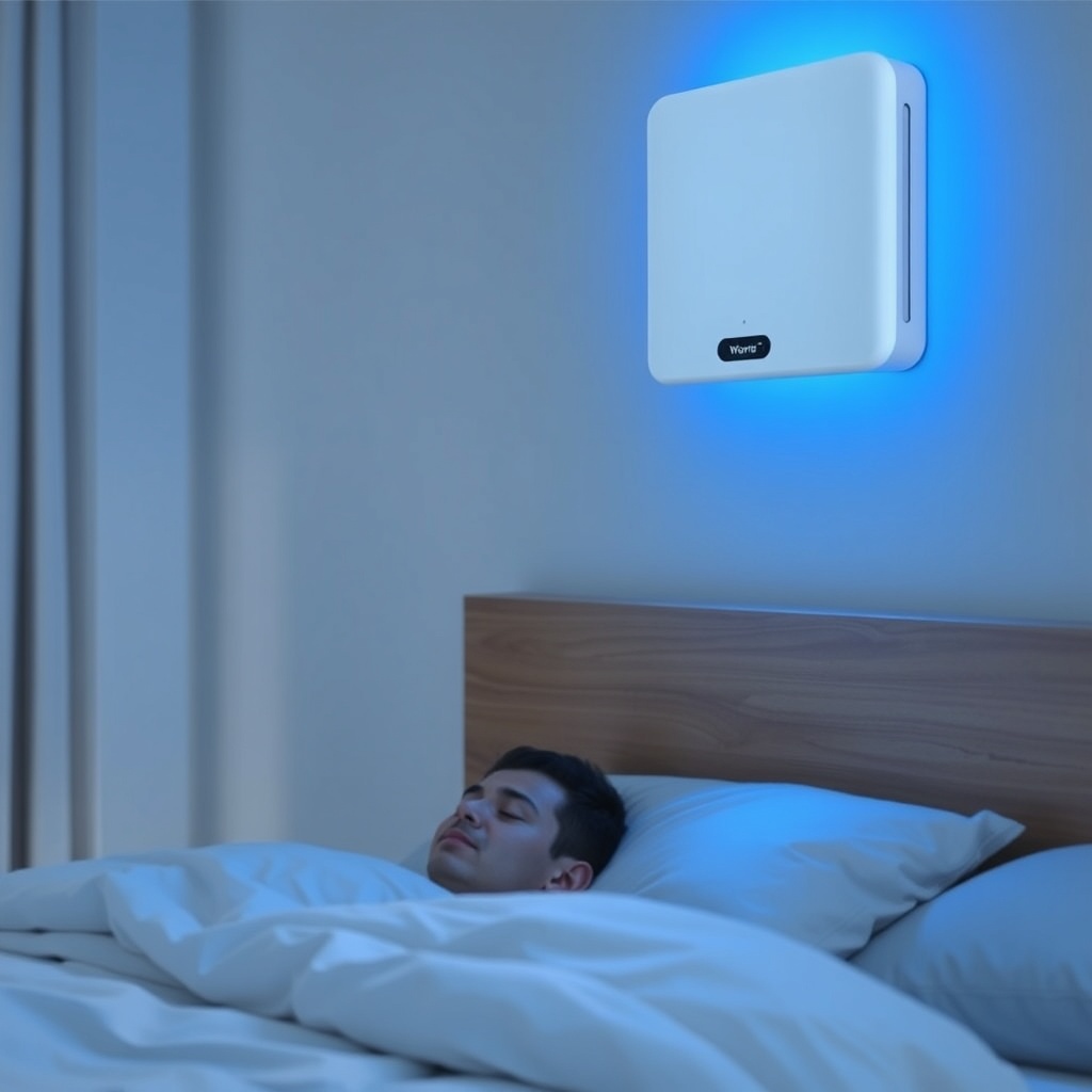 A clean photorealistic photo of the Airthings Wave Plus mounted on a bedroom wall