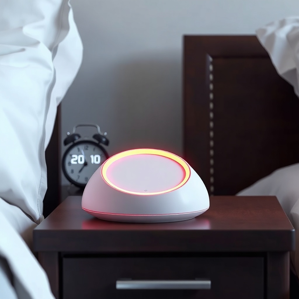 A clean photorealistic photo of the Airthings Wave Plus on a nightstand