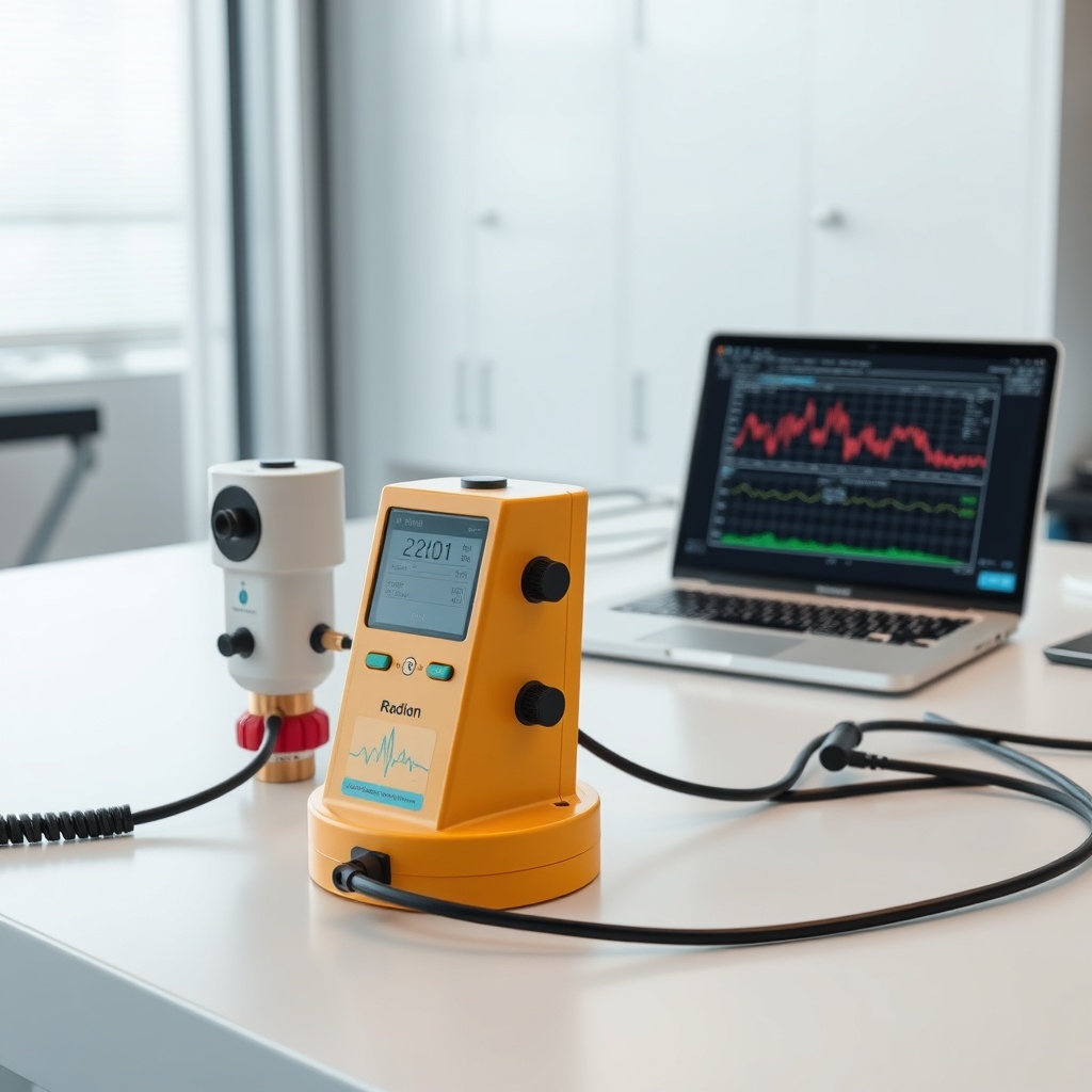 <clean photorealistic photo of two radon detectors placed on a lab bench with data cables