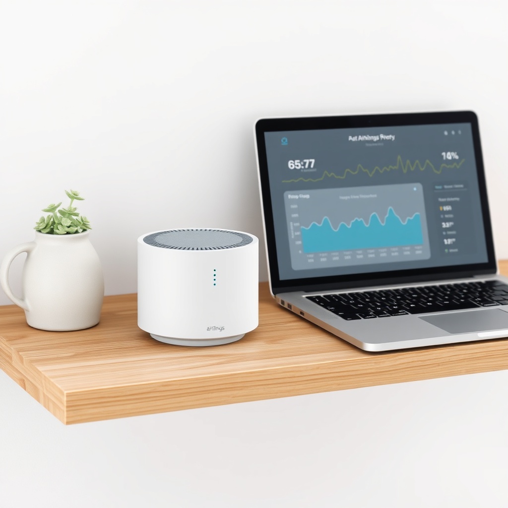 A clean photorealistic photo of an Airthings Wave Plus on a wooden shelf next to an open l