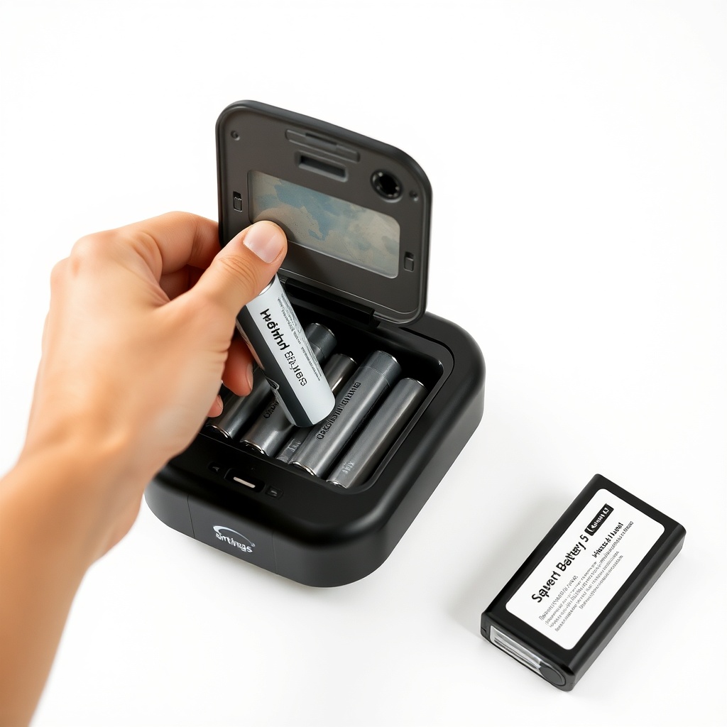 A clean photorealistic photo showing a hand replacing AA batteries in an Airthings Wave Pl