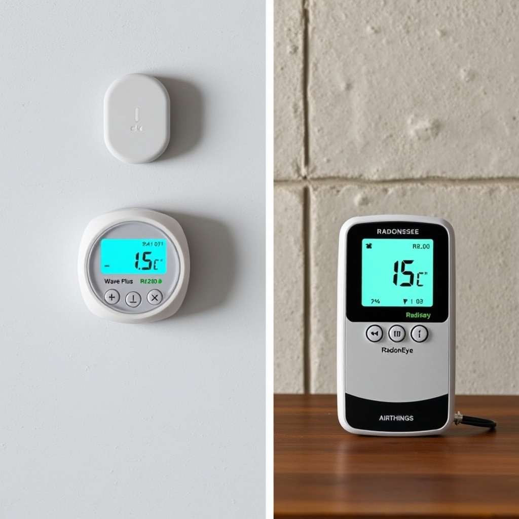 <photorealistic split image showing the Airthings Wave Plus mounted on a basement wall nex