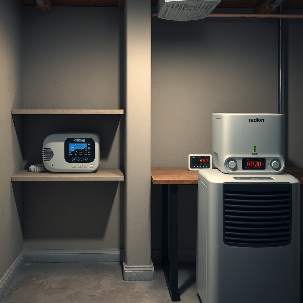 <photorealistic photo of a basement corner with an Airthings Wave Plus on a shelf and an E