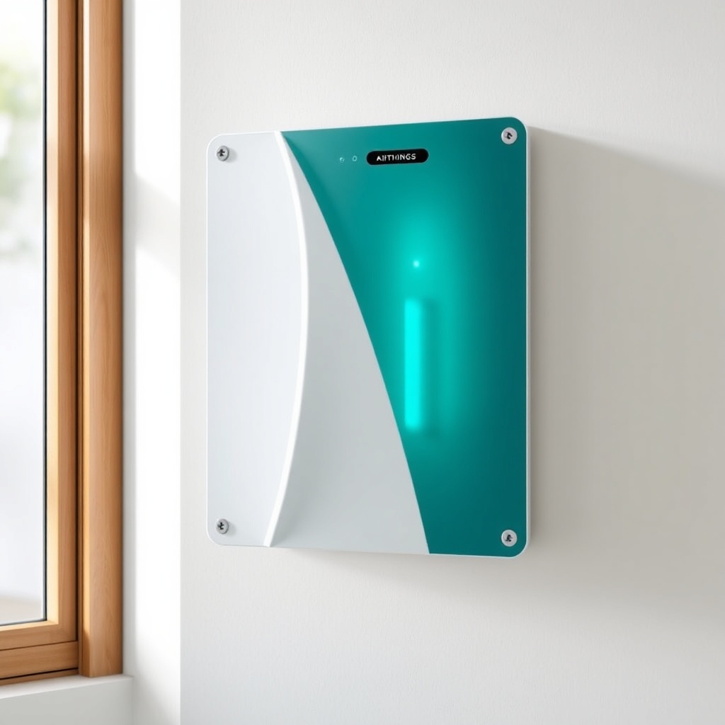 A clean photorealistic photo of an Airthings Wave Plus mounted on a kitchen wall with a ma
