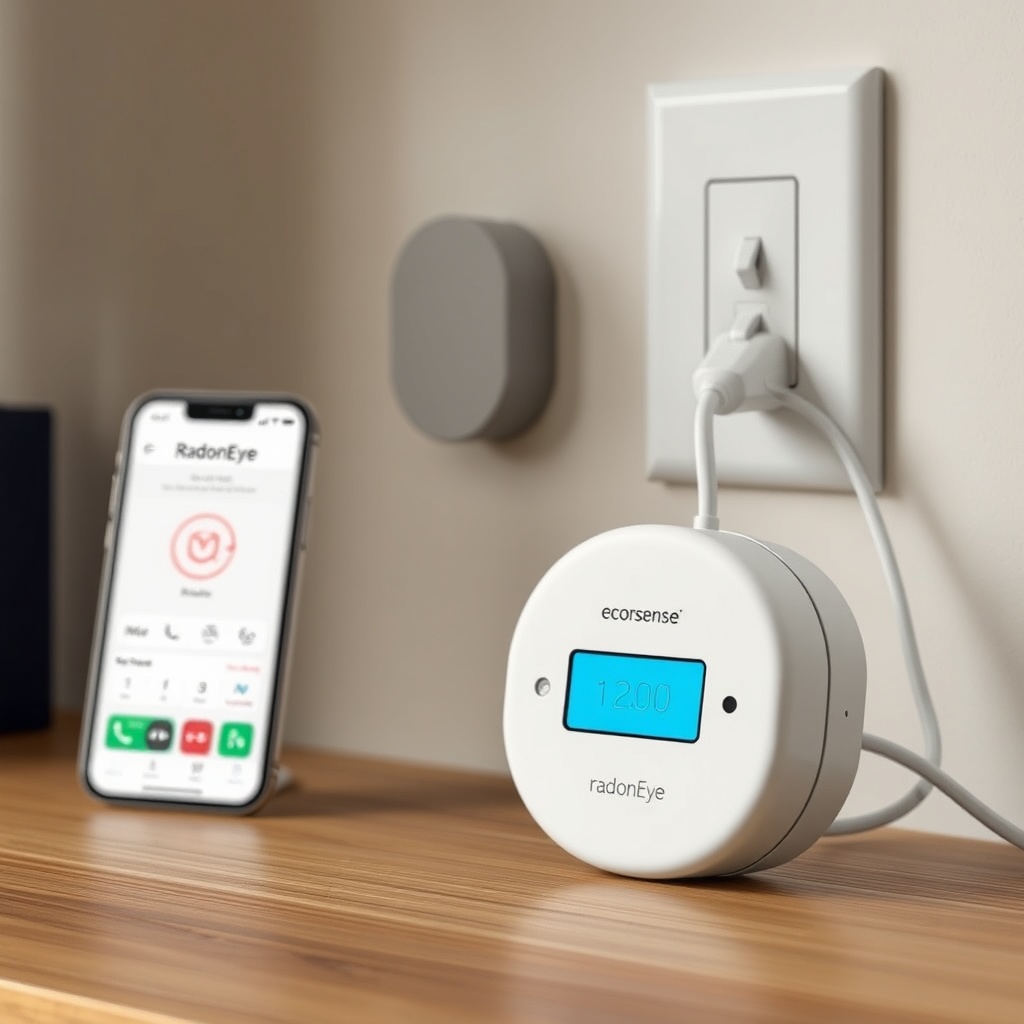 A clean photorealistic photo of an Ecosense RD200 RadonEye sitting on a wooden desk plugge