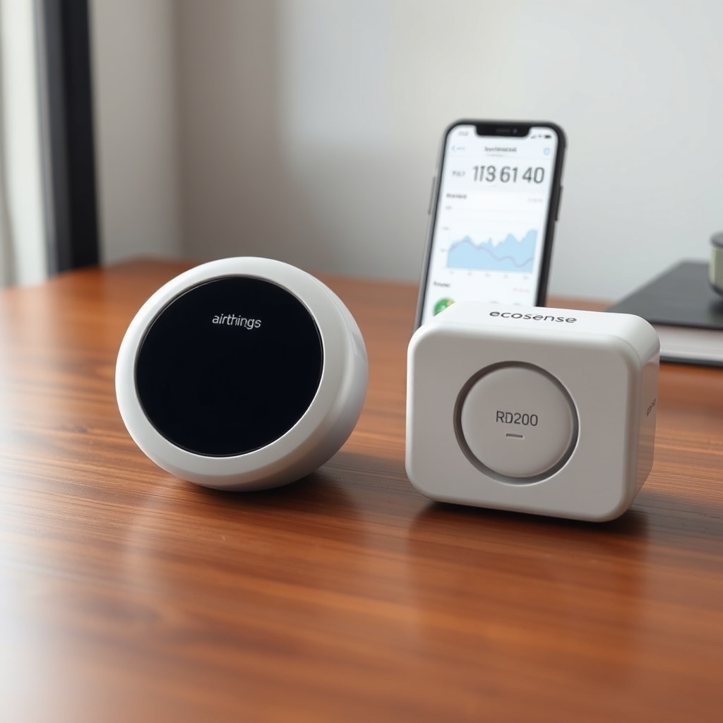 A clean photorealistic photo of an Airthings Wave Plus next to an Ecosense RD200 RadonEye